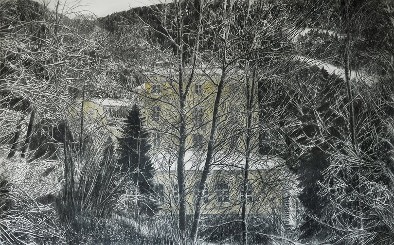 Valérie Sonnier, Badeschloss, 2019 - 2024 crayon, crayons de couleur et cire sur papier, 131 x 210 cm