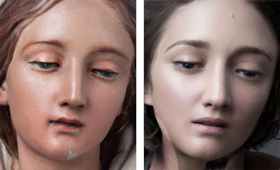 Vierge polychrome conservée au Grand Curtius de Liège, nouveau visage à partir de Marion Cotillard pour Dior, de la série New Faces 2011-2012, photographies couleurs marouflée sur aluminium, (2) x 50 x 40 cm